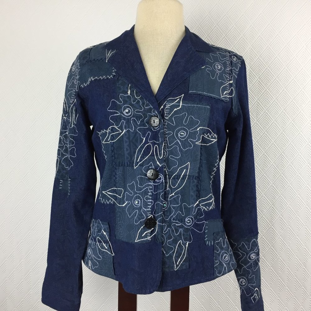 Coldwater Creek Womens Denim Jacket Blue Embroidered Patchwork Floral Size XS
